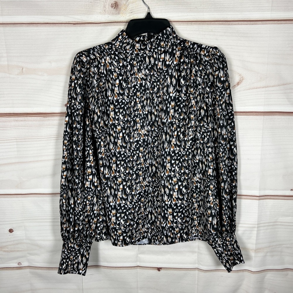 Express Top Women Small Multicolor Printed Blouse Balloon Sleeve Mock Neck Woven
